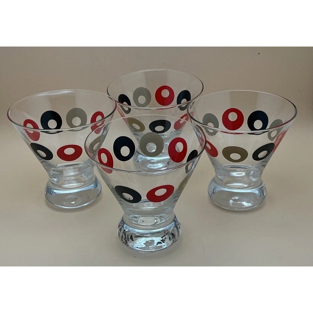 Set of 4 TAG Ltd Retro Martini Cocktail 8oz Glasses Multicolor Olives MCM Style